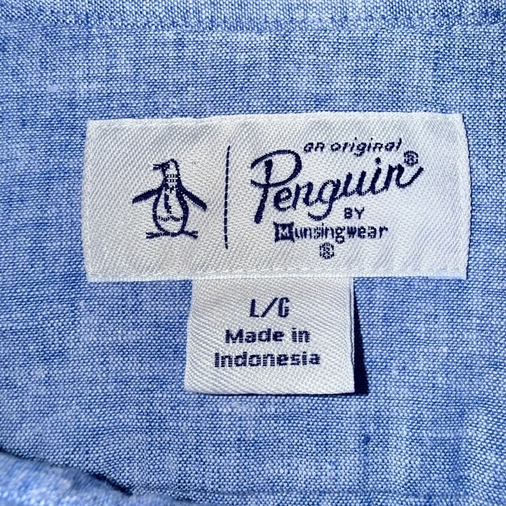 Original Penguin Linen Blend Button-Down Shirt Blue Chambray L Casual ResortWear - Picture 7 of 10